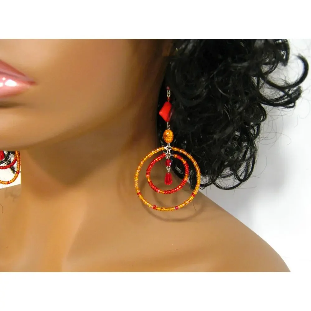 Set of Handcrafted Earrings Crystal drops Red Gold Hoops Krobo Beaded Drops